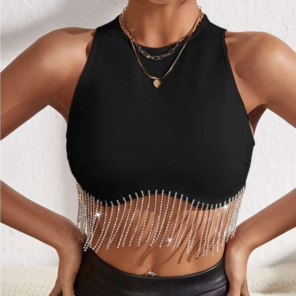 SHEIN Black Sequin Tassel Rhinestone Fringe Tank/Crop Top